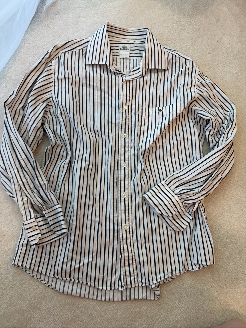 Lacoste Logo Men's White Cotton Shirt with Grey Brown Vertical Stripes